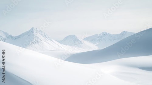 Serene Winter Landscape with Majestic Snow-Capped Mountains and Endless White Snow Dunes Under a Soft Cloudy Sky