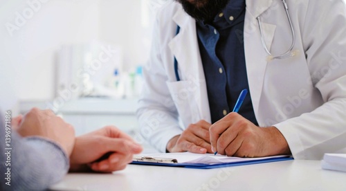 Fotografie Doctor writing prescription at white table in clinic, closeup