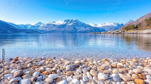 Wallpaper Mural Rocky Shore Snow-Capped Mountains Vibrant Scenic Style High-Definition Clarity Wide Landscape View Smooth Stones Tranquil Scene Fjord Backdrop Clear Blue Tones Tourism Advertising Torontodigital.ca