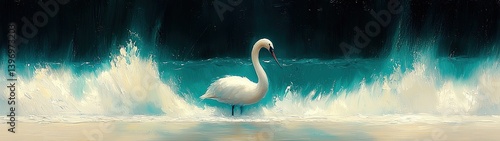 Majestic Swan Amidst Waves in an Enigmatic Ocean Scene