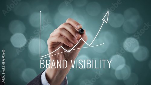 Hand drawing upward trending graph, indicating brand visibility growth on teal bokeh background, showcasing business success and marketing strategy