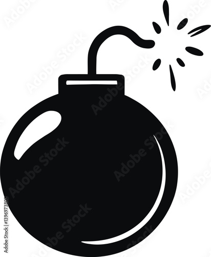 Black bomb vector PNG icon with a lit fuse, spherical explosive with a curved spark-ignited fuse, symbolic of danger, urgency, or volatile situations, frequently used in cartoons, games, and warning s
