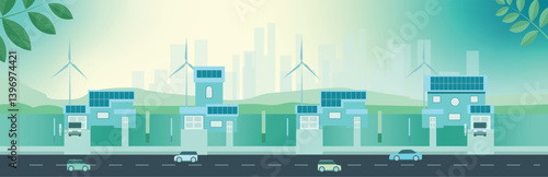 Modern urban city housing real estate with solar cell panel and wind turbine for sustainable living lifestyle with environmentally friendly green energy. Vector banner illustration green background.