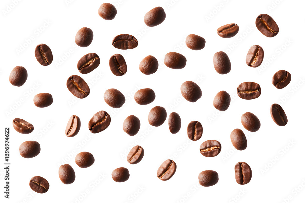 Obraz premium Set of flying coffee beans isolated on transparent white background, clipping path, pen tool.