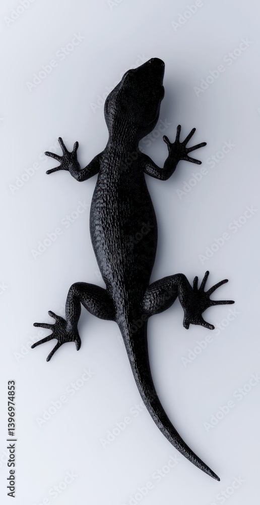 Naklejka premium Black lizard lies on a white surface, a possible illustration