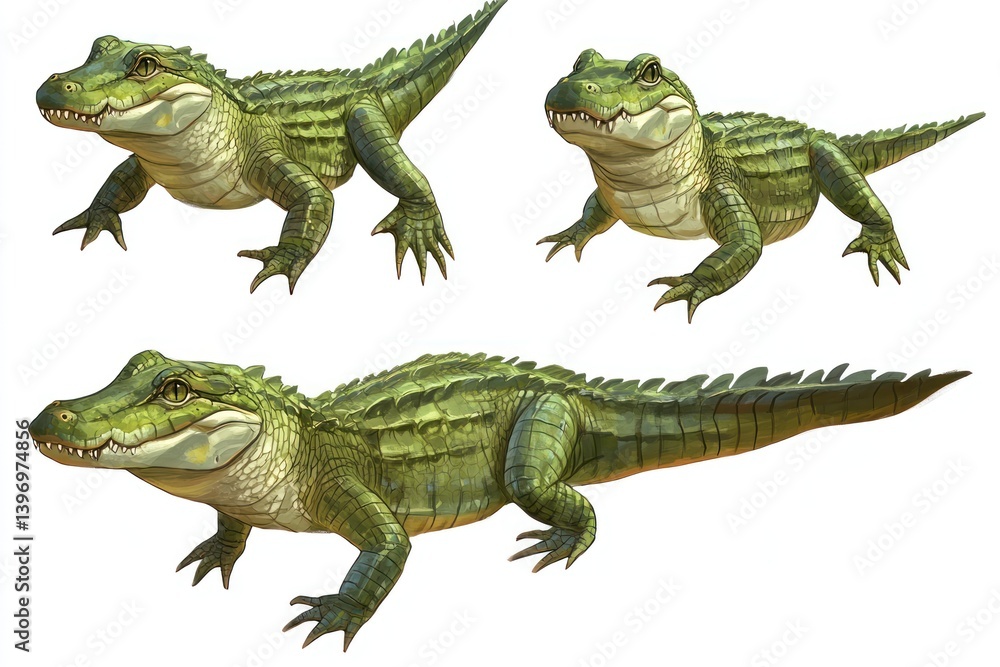 Fototapeta premium Three juvenile green alligators on white background, showing different poses, for educational use