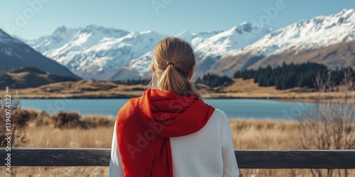 Back view of a woman in a white blouse and red scarf standing by a wooden fence, looking at a serene alpine lake with snow-covered mountains in the background during autumn.