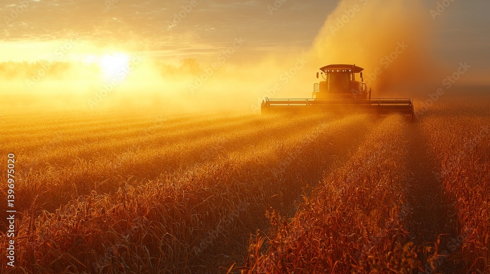 Fototapeta premium Harvesting golden field at sunrise