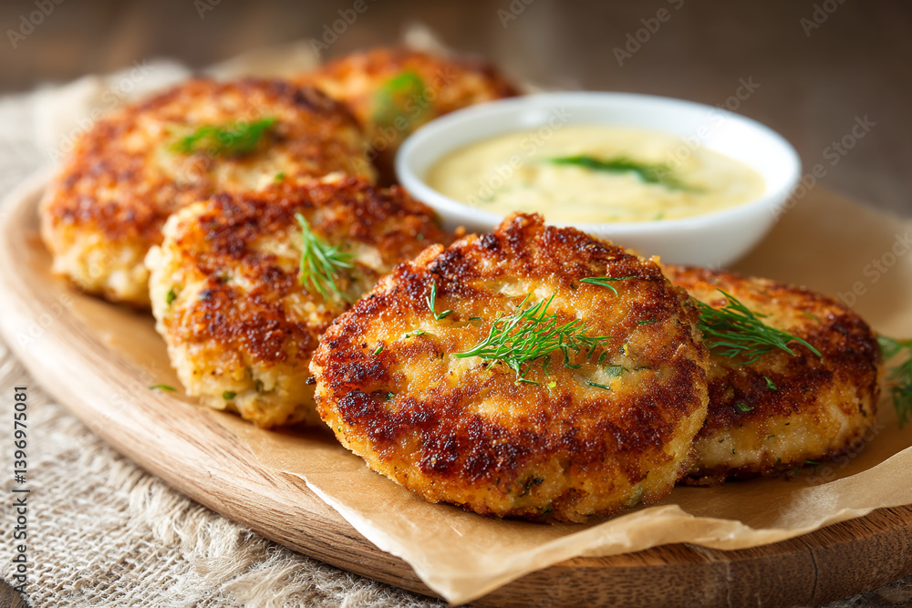 Close-up of golden-brown fish cakes on wooden board with sauce, garnished with dill, showcasing delicious food texture and appetizing presentation, ideal for culinary blogs or restaurant menus Close-up of golden-brown fish cakes on wooden board with sauce, garnished with dill, showcasing delicious food texture and appetizing presentation, ideal for culinary blogs or restaurant menus