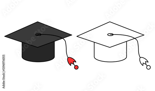 Modern and minimalist graduation cap illustrations, one colored and one outlined. Suitable for educational themes, school projects, achievement charts, and academic presentations. Editable strokes