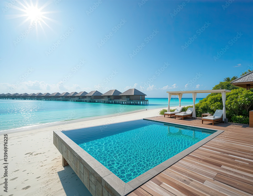 Private tropical beach villa with infinity pool and overwater bungalows under bright sun in luxury island resort paradise summer escape Private tropical beach villa with infinity pool and overwater bungalows under bright sun in luxury island resort paradise summer escape