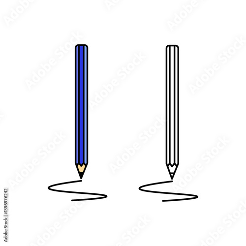 Illustration of a blue pencil drawing a curved line, colored and outline versions. Suitable for writing, creativity, education, design and note-taking themes. Editable strokes