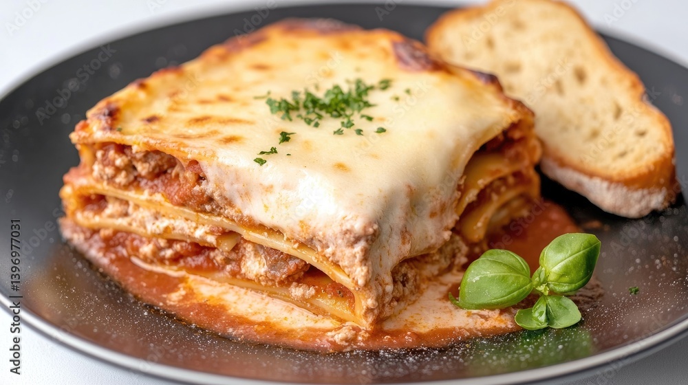 Hearty lasagna dish with melted cheese and bread Hearty lasagna dish with melted cheese and bread