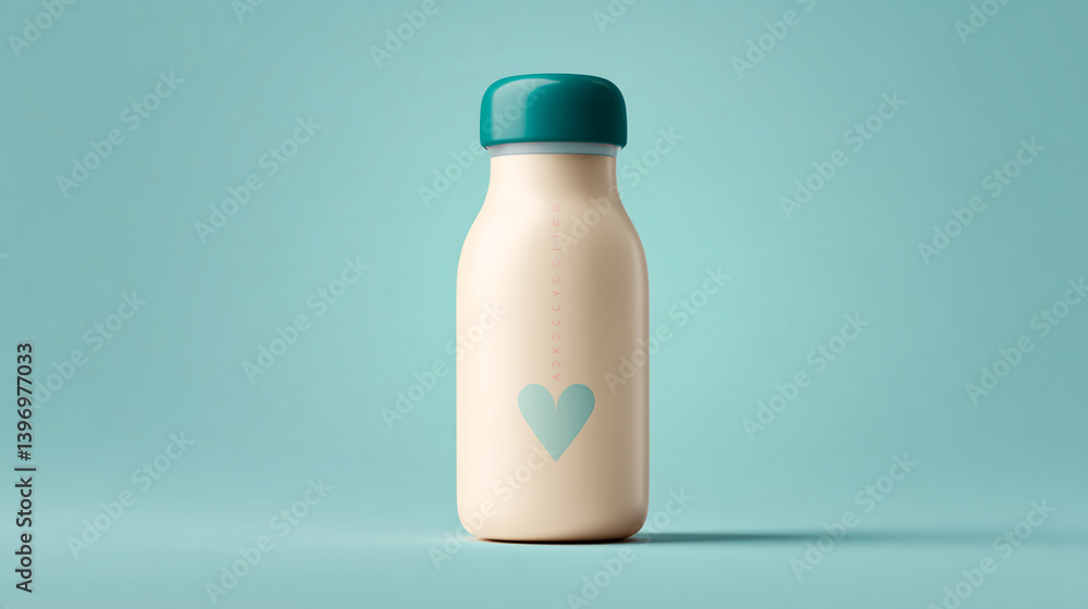 Beige bottle with teal lid and small heart, set against a teal background Mockup for branding or advertisement, showcasing a minimalist design, perfect for Valentine's Day Beige bottle with teal lid and small heart, set against a teal background Mockup for branding or advertisement, showcasing a minimalist design, perfect for Valentine's Day