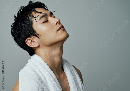 清潔感とナチュラルな色気のクールダウンする若い日本人男性