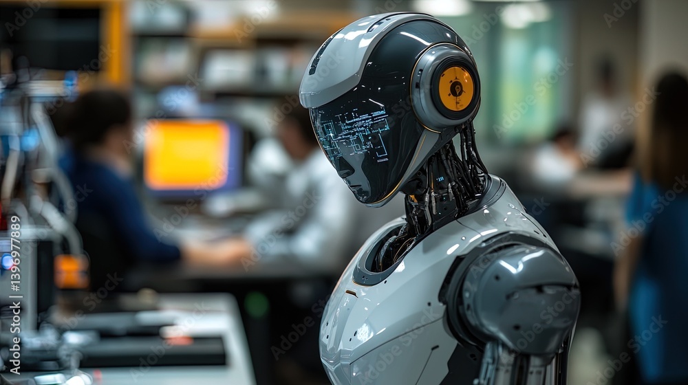Fototapeta premium A lab experiment on artificial intelligence, with a humanoid robot learning and interacting with its surroundings