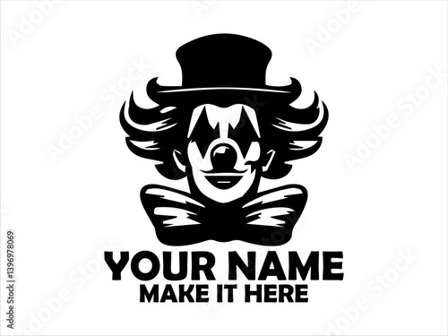 Whimsical clown character with vibrant makeup, a top hat adorned with stars, and a large red bow tie against a clean white backdrop. Illustration concept, circus clown vector design circus clown logo