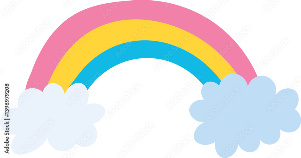 Simple colorful cute rainbow. Rainbow with two blue clouds isolated on white background, vector illustration. Simple colorful cute rainbow. Rainbow with two blue clouds isolated on white background, vector illustration.