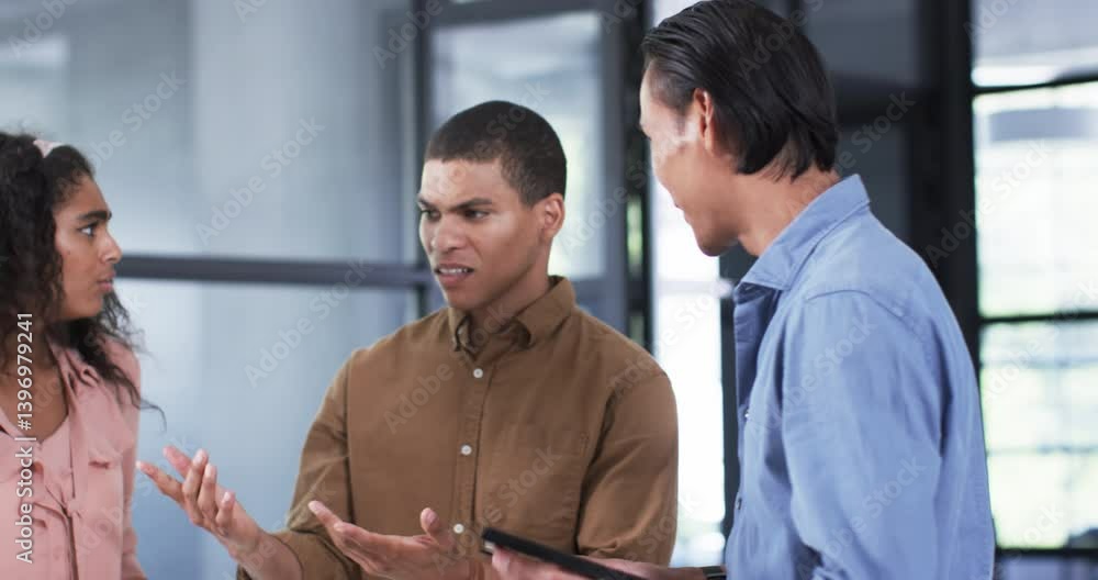 Happy diverse colleagues talking, rewarding best workers and shaking hands in office Happy diverse colleagues talking, rewarding best workers and shaking hands in office