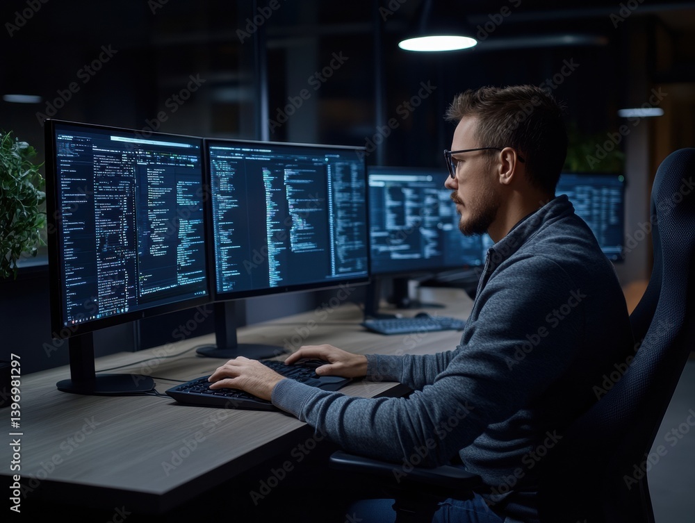 Young man deeply focused on data analysis at multiple monitors in a modern office environment during late night hours Young man deeply focused on data analysis at multiple monitors in a modern office environment during late night hours
