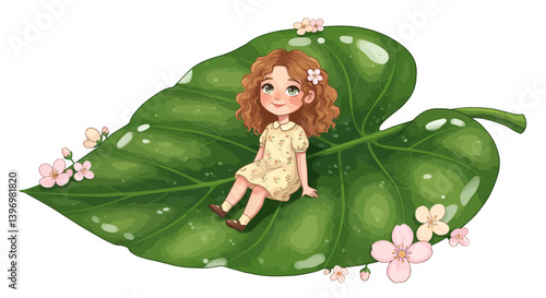 Fantasy Kid Character on Giant Plant Leaf