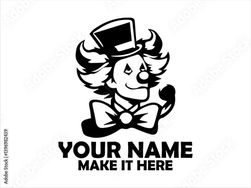 Whimsical clown character with vibrant makeup, a top hat adorned with stars, and a large red bow tie against a clean white backdrop. Illustration concept, circus clown vector design circus clown logo