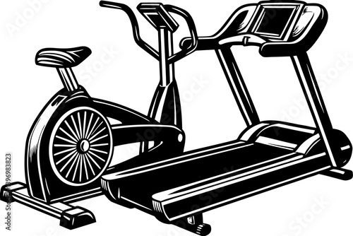 High-quality vector illustration of gym and fitness-related elements, featuring weights, exercise equipment, fitness poses, and active lifestyle symbols. Perfect for use in fitness branding, gym logos