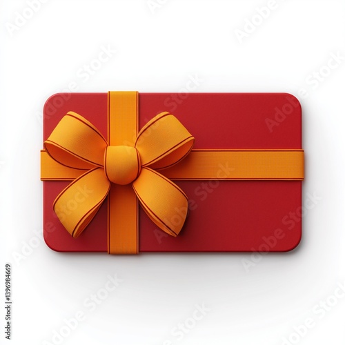Red gift card with bright orange ribbon and bow on white background