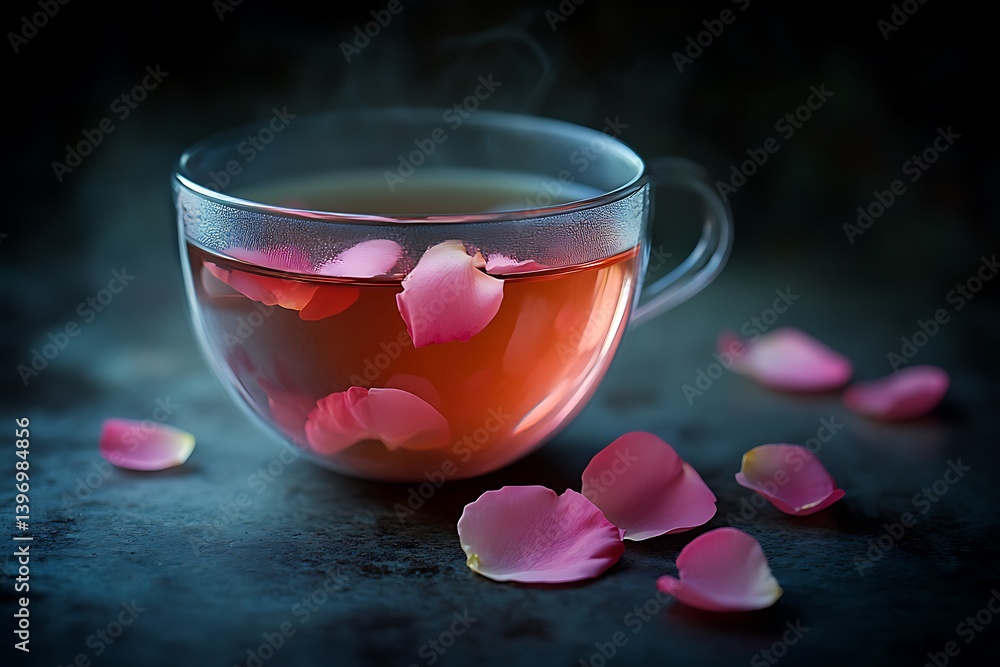 An evocative scene of a cup of rose petal tea, the delicate pink petals contrasting with a dark, moody background. An evocative scene of a cup of rose petal tea, the delicate pink petals contrasting with a dark, moody background.