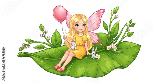 Nature Fairy Tale Girl Sitting on Leaf
