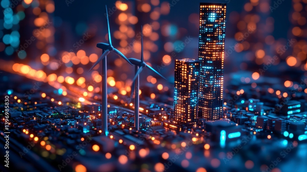 Miniature city lit buildings, wind turbines on a circuit board Miniature city lit buildings, wind turbines on a circuit board