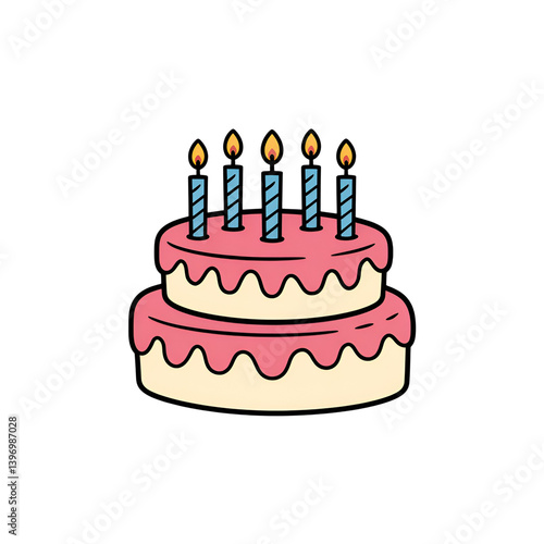 Birthday cake with candles illustration on , two tiered treat on transparent background