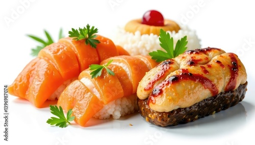 Variety of japanese snacks, isolated white background, meal, delicious
