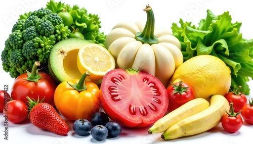 Variety of organic fruits & vegetables isolated, food photography, diet, raw