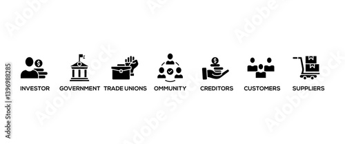 Stakeholder relationship banner web icon vector illustration concept for stakeholder, investor, government, and creditors with icon of community, trade unions, suppliers, and customers