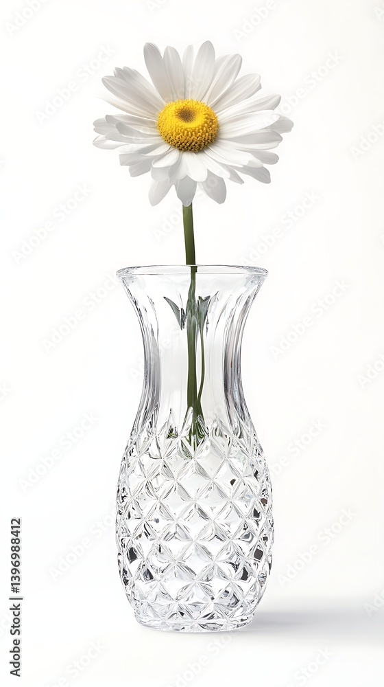 Fototapeta premium Single white daisy in a crystal vase on a white background, simple elegant beauty for decoration