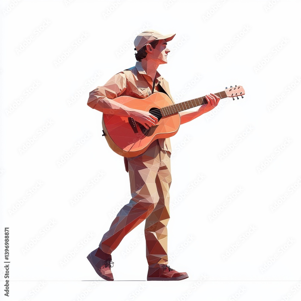 A low poly illustration depicts a male musician casually walking while playing an acoustic guitar showcasing a modern artistic style perfect for music-related projects and album A low poly illustration depicts a male musician casually walking while playing an acoustic guitar showcasing a modern artistic style perfect for music-related projects and album