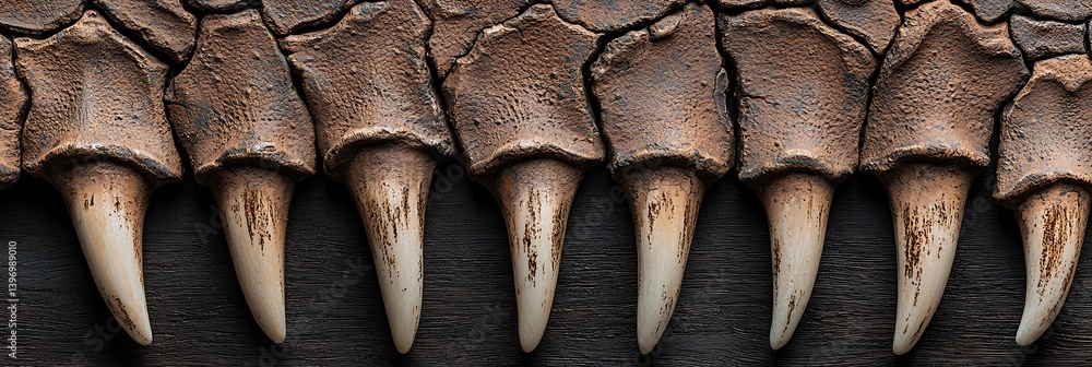 A close-up view of textured claws or teeth, showcasing intricate details and natural wear, suggesting a fierce animal presence.
