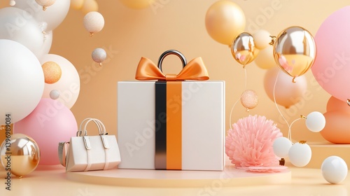 Elegant gift box with vibrant bow surrounded by colorful balloons and decorative elements for celebrations