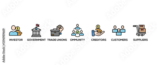 Stakeholder relationship banner web icon vector illustration concept for stakeholder, investor, government, and creditors with icon of community, trade unions, suppliers, and customers