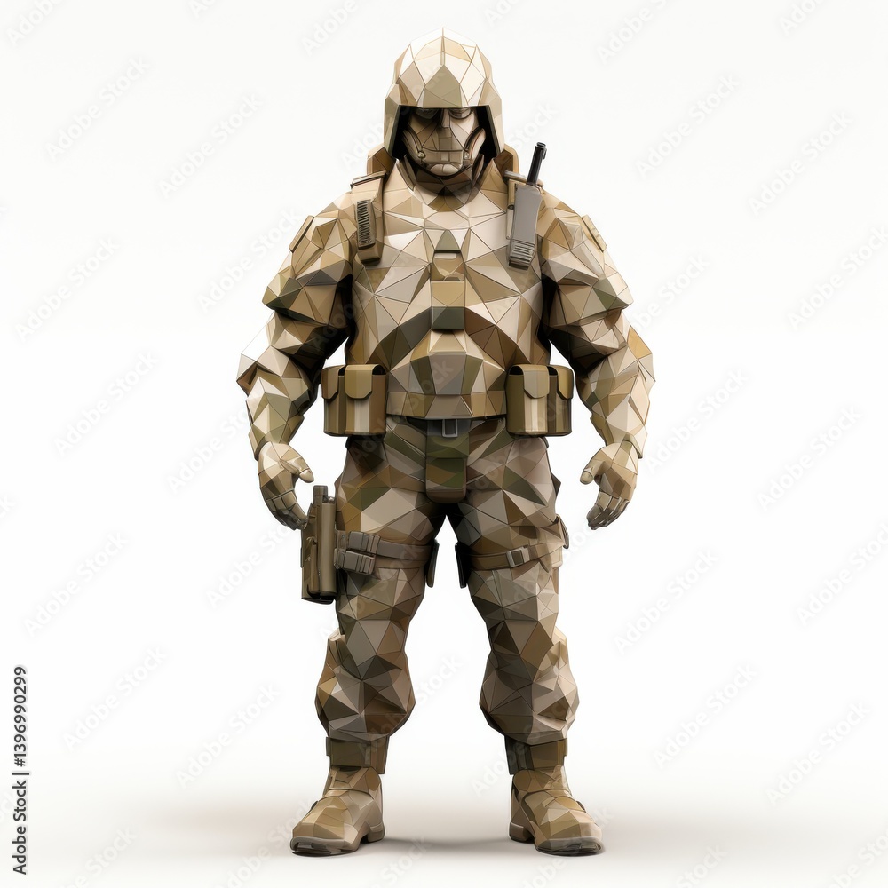 A futuristic low poly soldier model stands in camouflage uniform; detailed polygonal armor and weaponry are visible against a clean white background showcasing this 3D render. A futuristic low poly soldier model stands in camouflage uniform; detailed polygonal armor and weaponry are visible against a clean white background showcasing this 3D render.