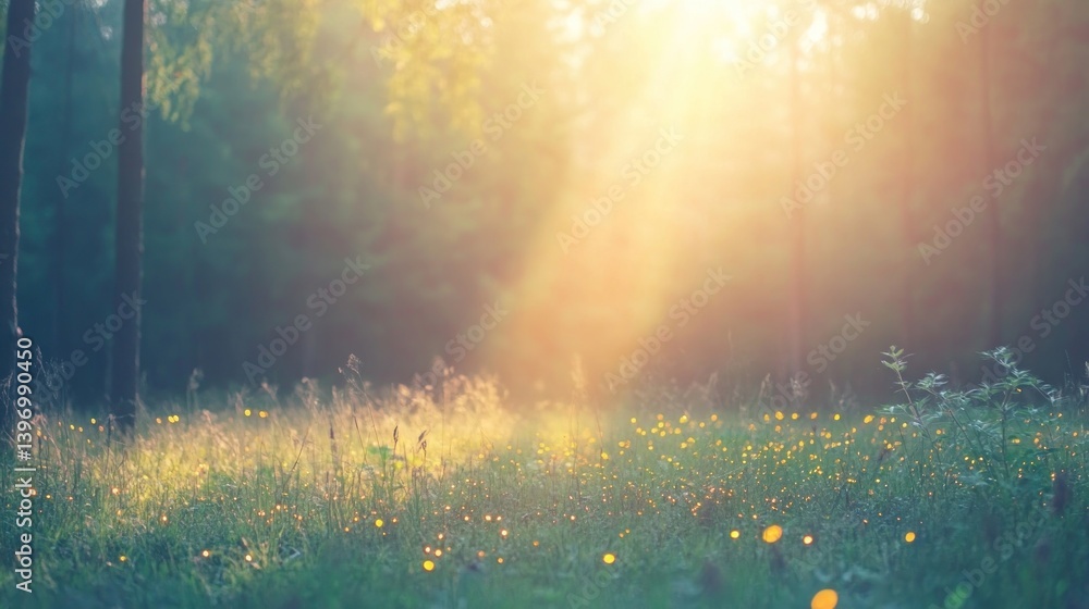 Soft Morning Light Through Trees in Forest with Wildflowers and Gentle Sunshine Glowing on Green Grass Soft Morning Light Through Trees in Forest with Wildflowers and Gentle Sunshine Glowing on Green Grass