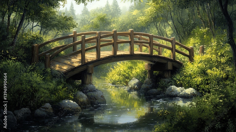 A rustic wooden bridge crossing a calm stream in a dense forest pic A rustic wooden bridge crossing a calm stream in a dense forest pic