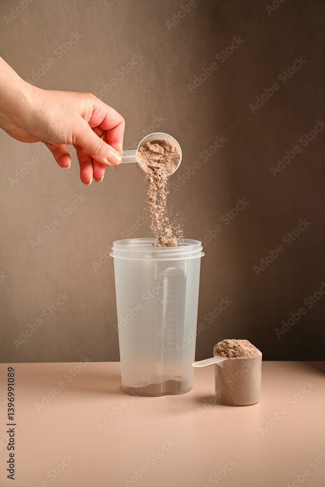 Fototapeta premium Making protein drink. Pouring chocolate protein powder in a shaker, food supplement concept