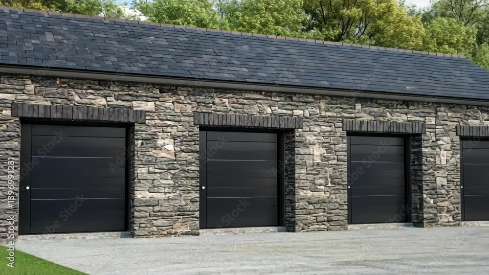 Modern stone garage structure with sleek black doors in a serene outdoor setting Modern stone garage structure with sleek black doors in a serene outdoor setting