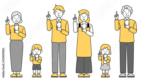スマホをもって指をさす二世帯家族のベクターイラストセット 悩み 疑問 解決 三世代