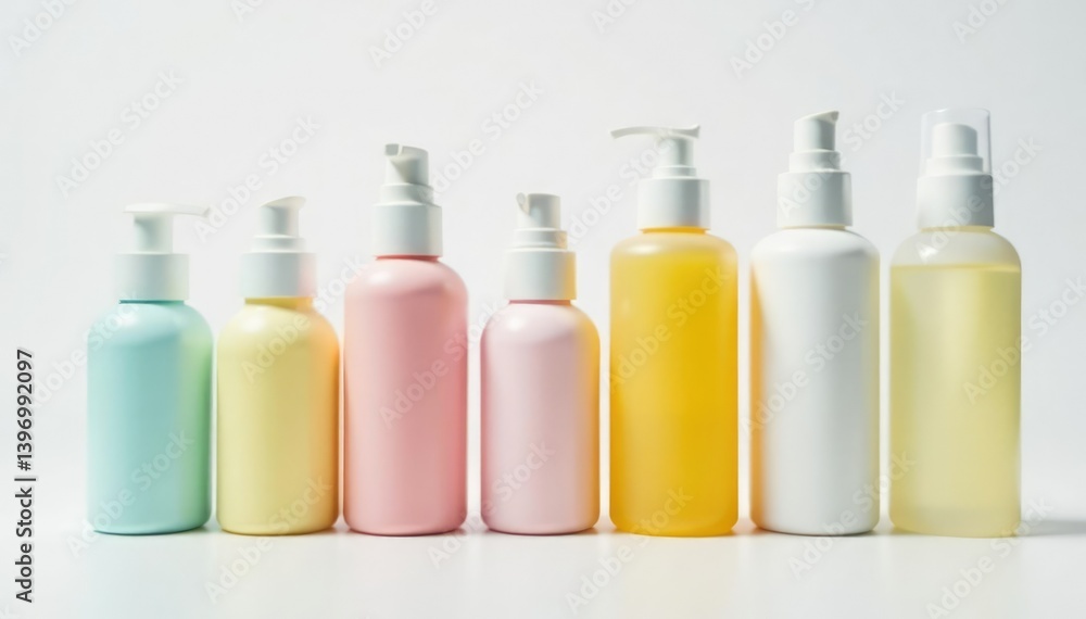 White background showcasing assorted skincare bottles, cosmetics, refresh, empty White background showcasing assorted skincare bottles, cosmetics, refresh, empty