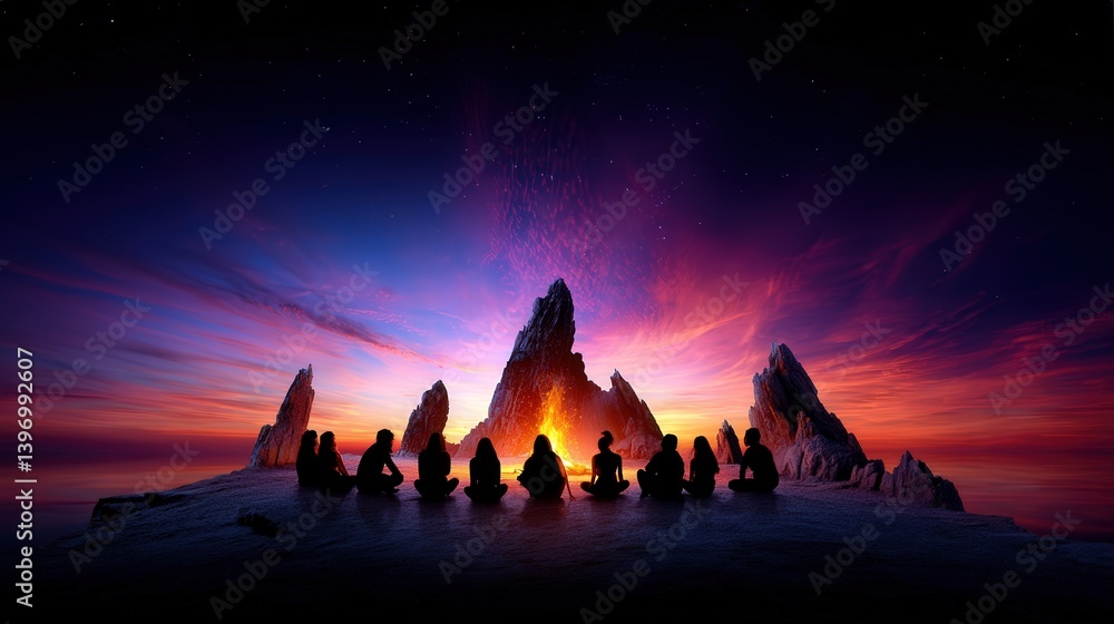Fototapeta premium Group of people sitting around a fire symbolizing early humans gathering around a flame for connection and warmth