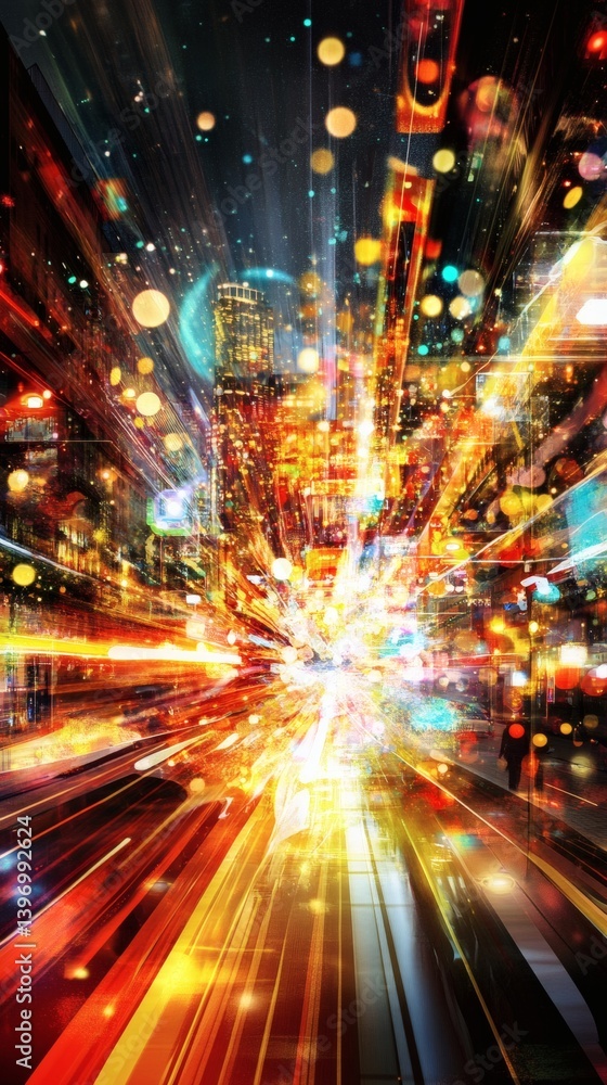 Obraz premium A vibrant, fast-paced, digital cityscape at night.