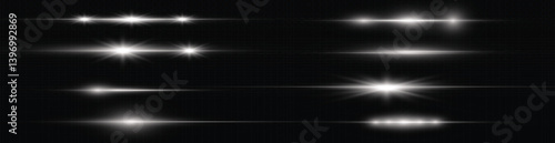 White horizontal lens flares pack. Laser beams, horizontal light rays. Beautiful light flares. Glowing streaks on light background. Luminous abstract sparkling lined background.